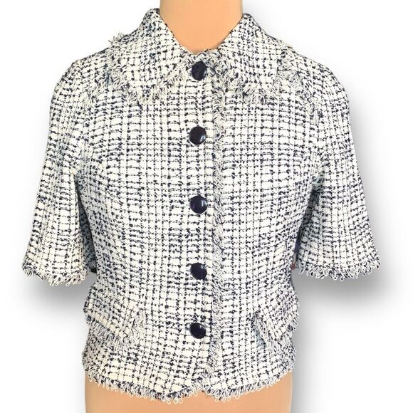 St. John Jackets & Blazers - St. John Jacket Black White Short Sleeve Tweed  Collared Button Front Fringe